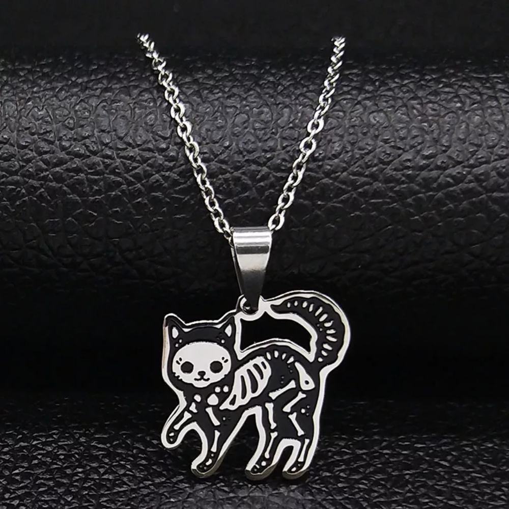 Black Cat Skeleton Pendant Necklace
